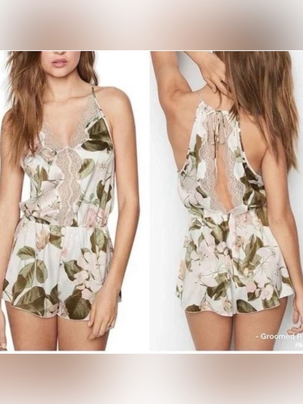 VICTORIA’S SECRET Bridal Collection Floral Lace Trim Satin Romper Size Small EUC